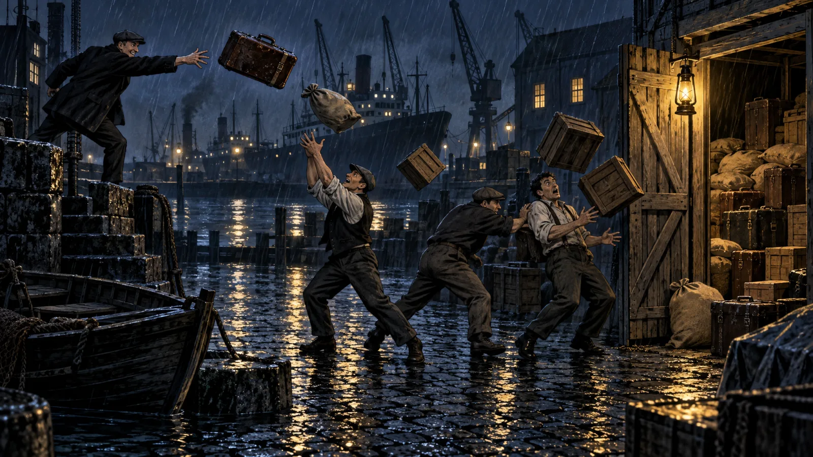 In einer Gasse am Hafen packt ein Hehler im Mantel einen Hafenarbeiter mit Schiebermütze am Kragen. Zwischen den beiden kippt eine Holzkiste, und Goldmünzen rollen über das nasse Pflaster; dahinter stehen im Regen Kräne und ein Frachtschiff.
