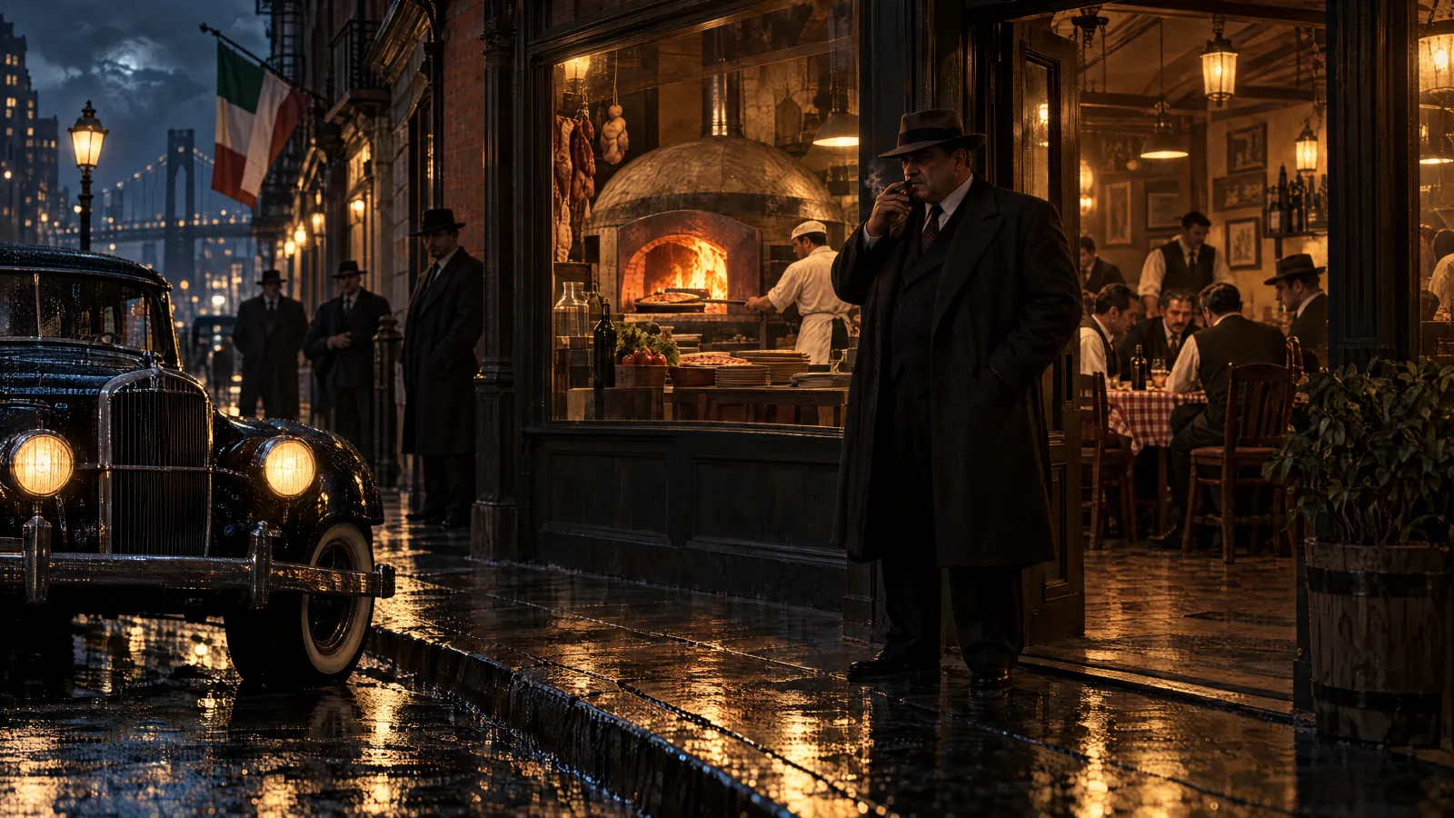 Eine regennasse Straße bei Nacht: Vor dem erleuchteten Schaufenster einer Pizzeria mit Holzofen steht ein Mann in Mantel und Hut und raucht, am Bordstein parkt ein schwarzer Wagen, und drinnen sitzen Gäste an rot karierten Tischen.