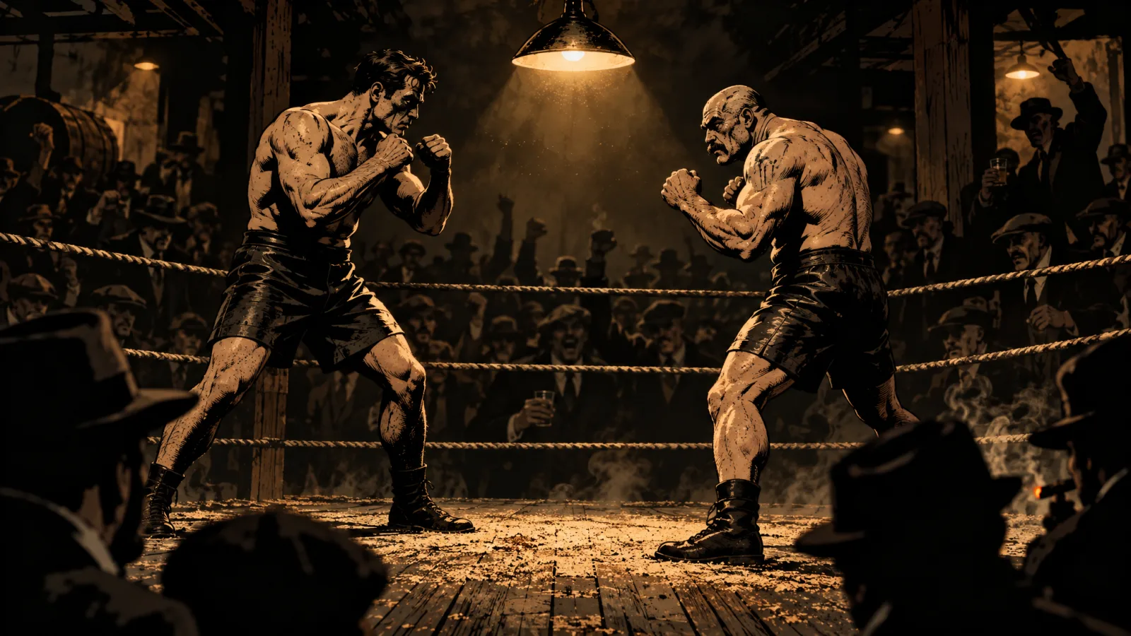 Zwei Boxer stehen sich in einem Ring aus Hanfseilen gegenüber, die Fäuste erhoben: links ein dunkelhaariger, rechts ein Glatzkopf mit Schnurrbart. Über ihnen hängt eine Lampe im Rauch, dahinter drängen sich Zuschauer zwischen Holzpfosten und Fässern.