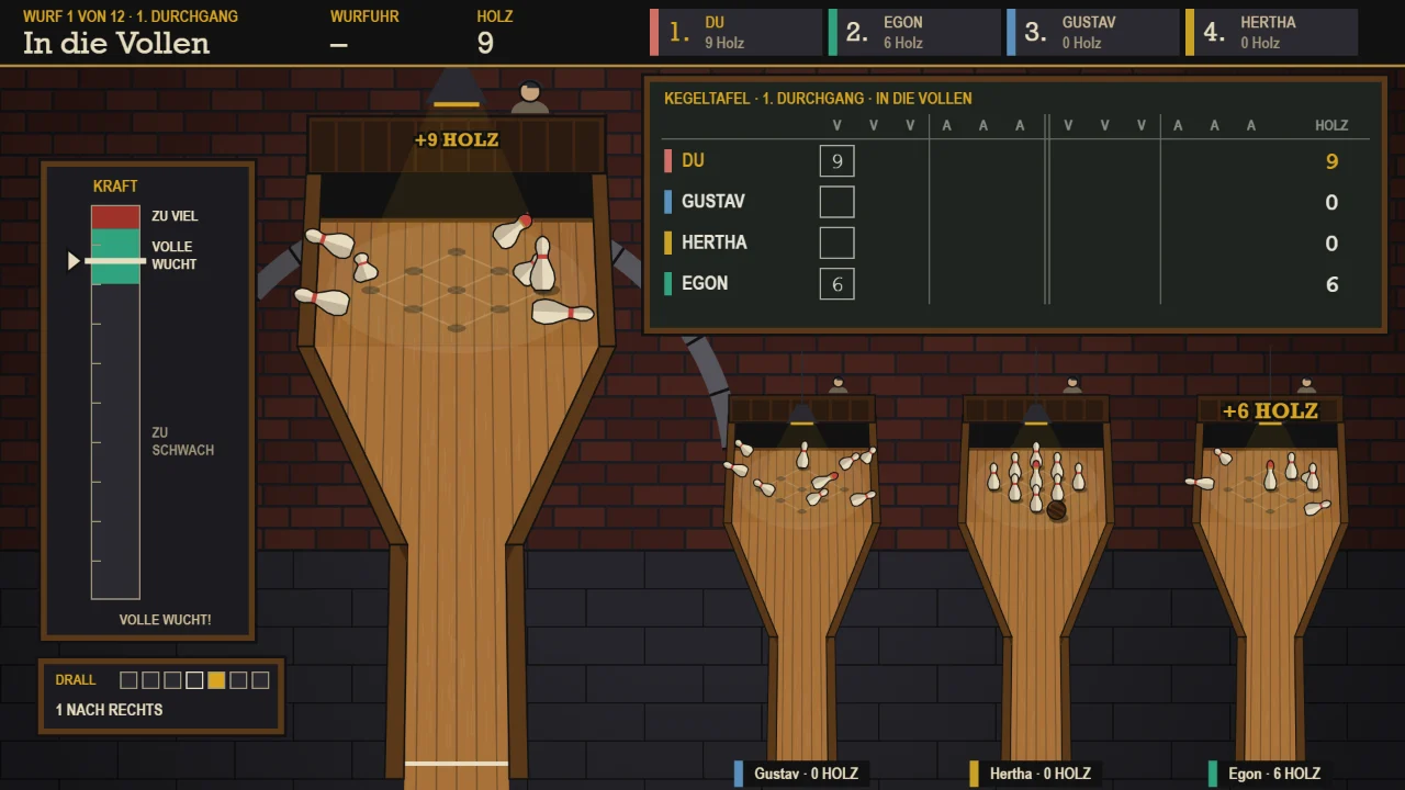 Die Scheren-Bahn mitten in einem Spiel: vorn die eigene Bahn mit der Kugel auf dem Weg in die Raute der neun Kegel, links der Kraftbalken mit seinem grünen Feld und der Drall, rechts die Kegeltafel mit allen Würfen und darunter die Bahnen der anderen; oben die Anschreibung mit Wurf, Wurfuhr und Holz.