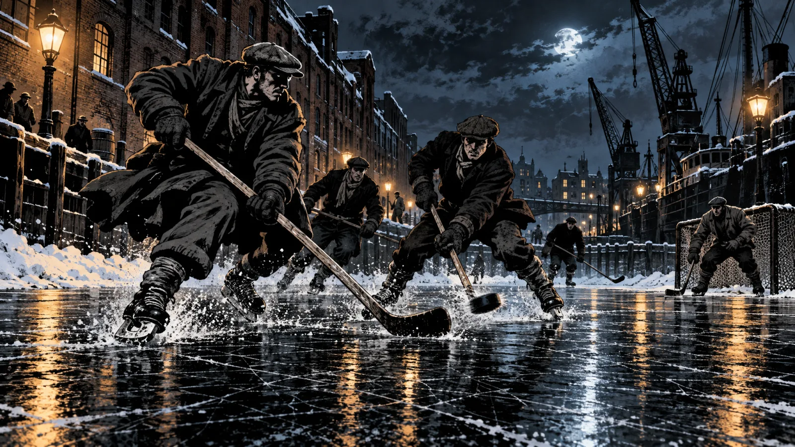 Ein zugefrorenes Fleet im Hamburger Hafen bei Nacht: Hafenarbeiter mit Schiebermützen, dicken Mänteln und Schals spielen Eishockey mit Holzschlägern. Links ragen Backsteinspeicher mit Gaslaternen auf, rechts stehen Kräne und ein Schiff im Eis, und über allem hängt der Vollmond.